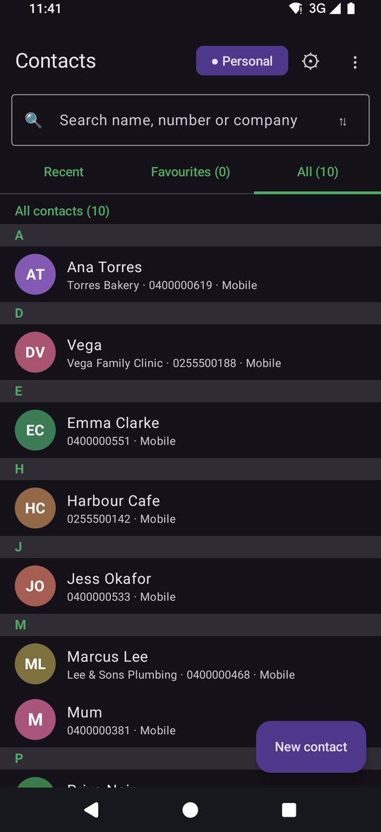 Croft Contacts list in dark mode, grouped by letter with filters