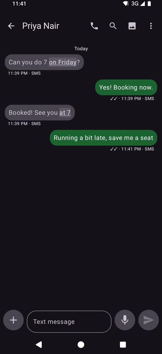 A Croft Messaging conversation in dark mode with day separators, delivery ticks and tappable dates