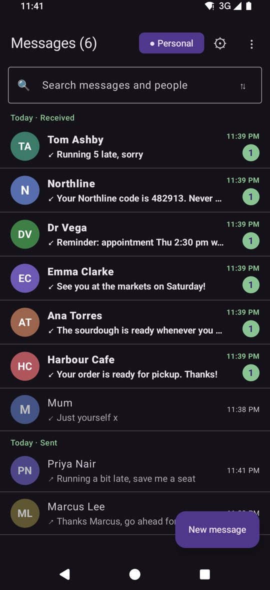 Croft Messaging inbox in dark mode, conversations grouped by day with a Personal and Business switch
